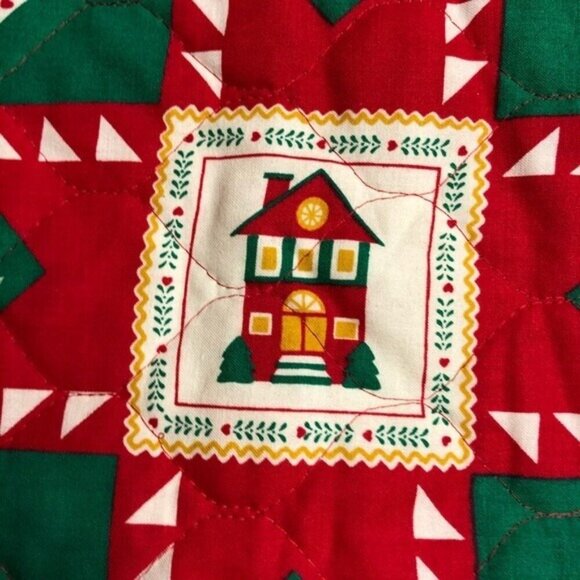 Vintage Christmas Tree Skirt Quilted Red Squares Circle Santa Claus Country XMAS - Picture 4 of 8